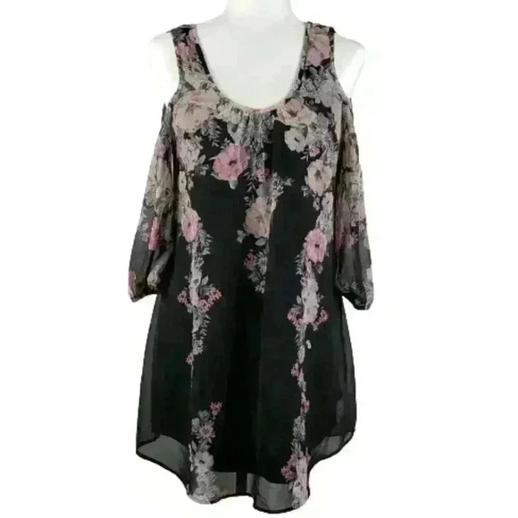 Maurices Floral Dress Cold Shoulder Scoop Neck Tie Back Black Pink Sheer Flowy - Picture 1 of 13